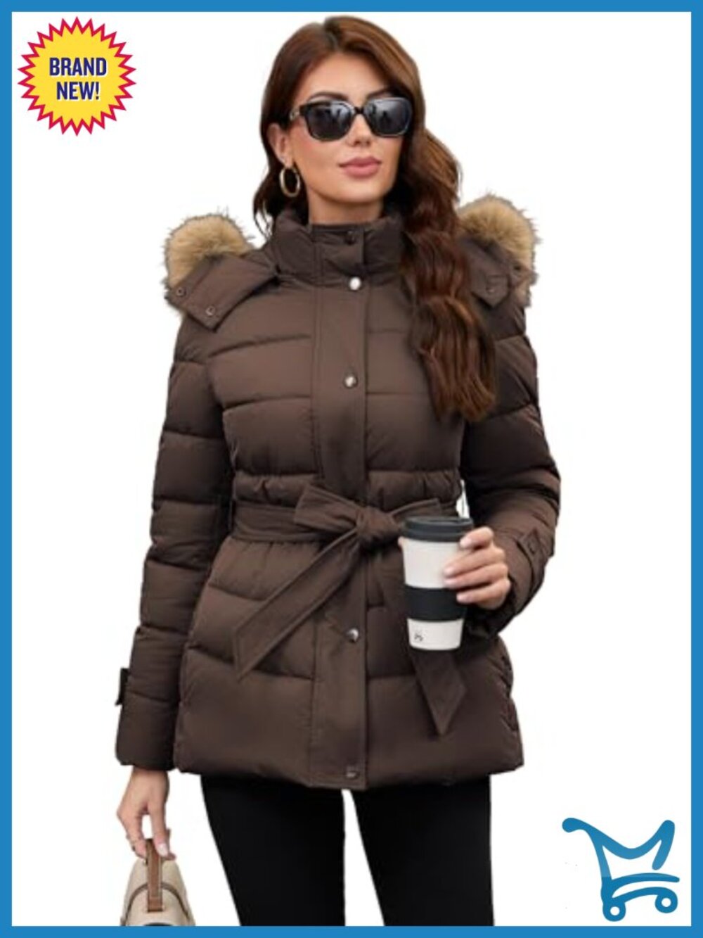 Belted Mid-Length Puffer Coat with Detachable Faux Fur Collar